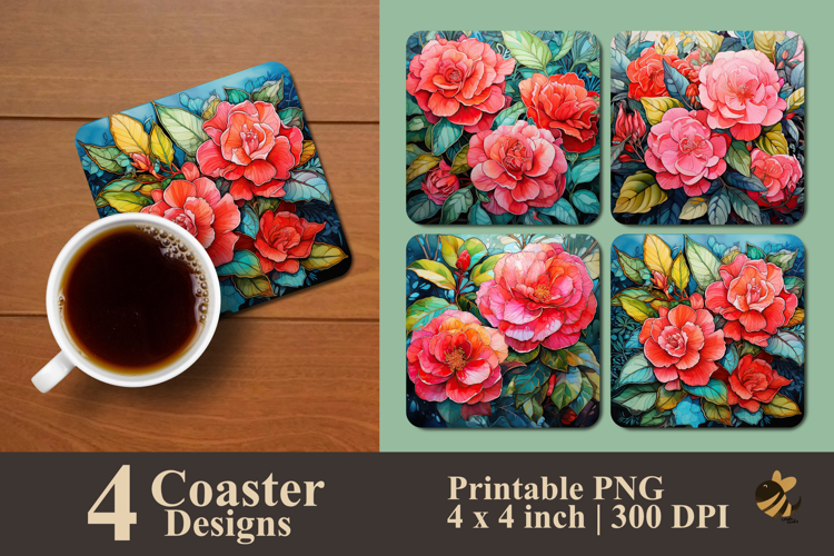 Camellia Flowers Coaster Sublimation Design