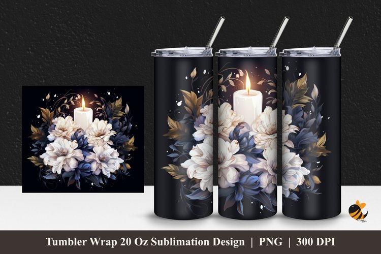 White Flower And Candle Tumbler Wrap Sublimation Design 1 example image 1