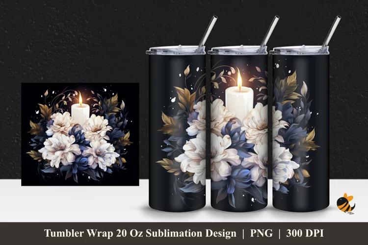 White Flower And Candle Tumbler Wrap Sublimation Design 1