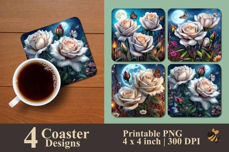 Garden Of Blooming White Roses Coaster Sublimation Design