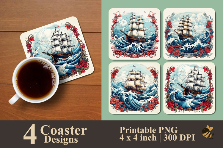 Nautical Sailing Ship Coaster Sublimation Design
