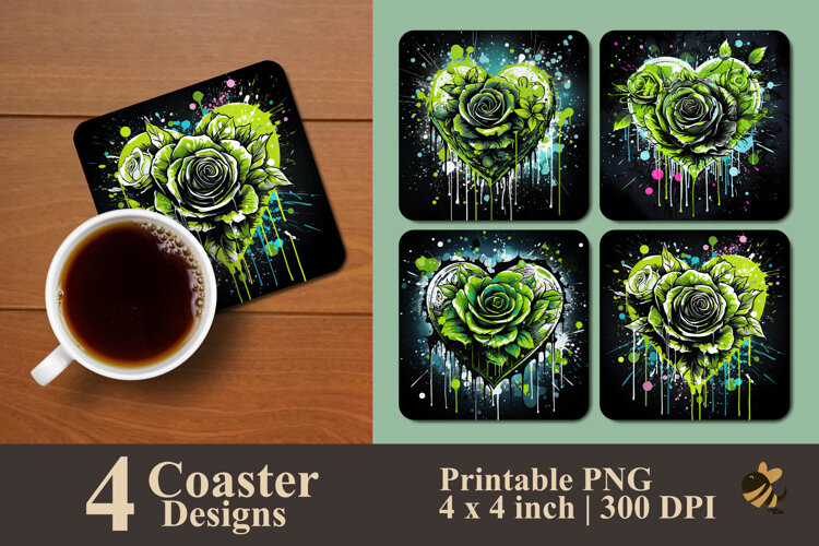 Green Love Rose Coaster Sublimation Design example image 1