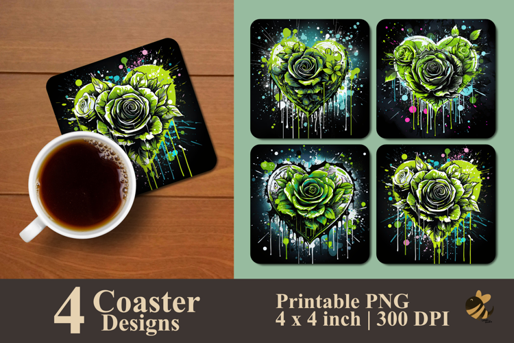 Green Love Rose Coaster Sublimation Design