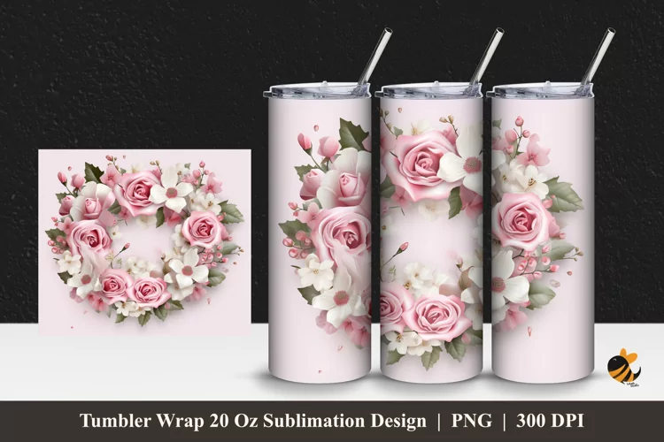Pinky Wreath Flower Tumbler Wrap Sublimation Design 1