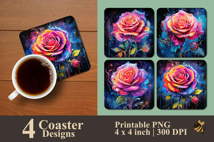 Neon Rose Coaster Sublimation Design