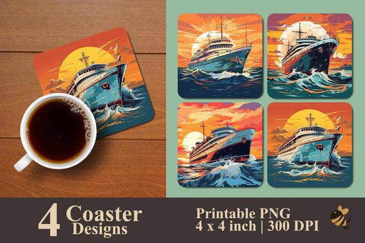 Vintage Ship And Sunset Coaster Sublimation Designs example image 1
