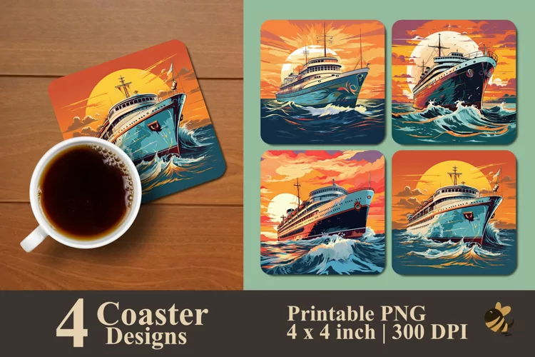 Vintage Ship And Sunset Coaster Sublimation Designs