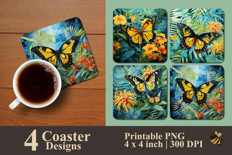 Yellow Butterfly And Floral Coaster Sublimation Design example image 1