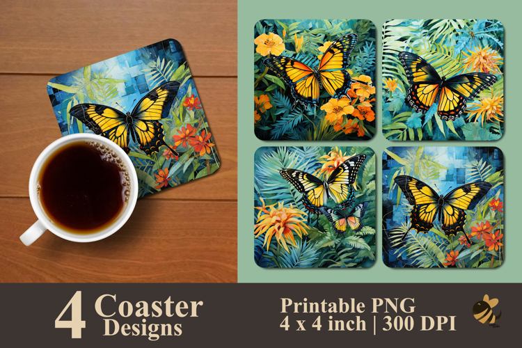 Yellow Butterfly And Floral Coaster Sublimation Design