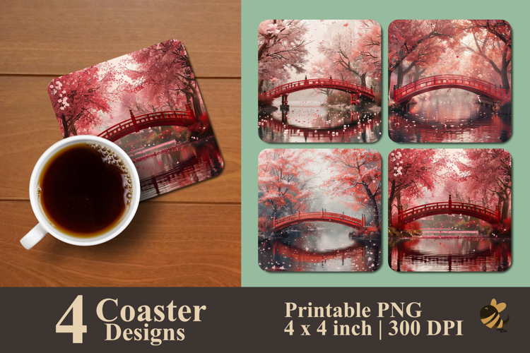 Japanese Sakura Bridge Coaster Sublimation Design