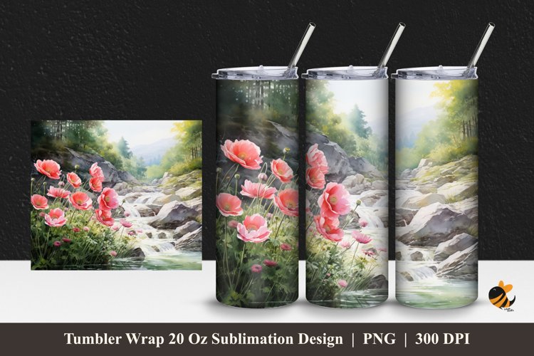 Floral And River Tumbler Wrap Sublimation Design 1 example image 1