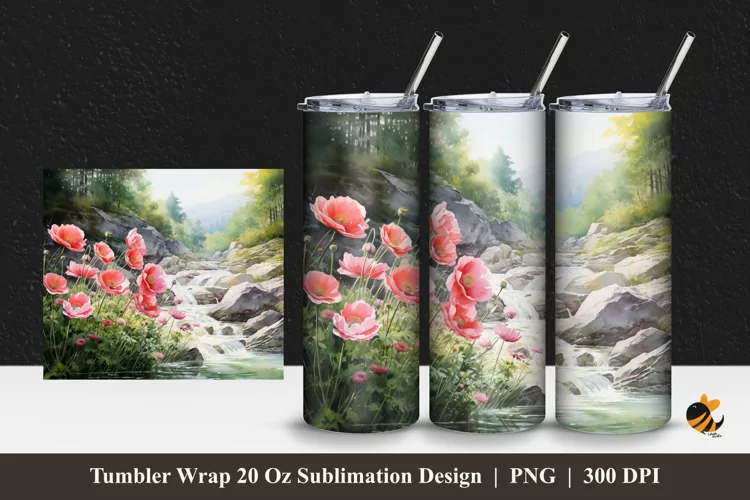 Floral And River Tumbler Wrap Sublimation Design 1