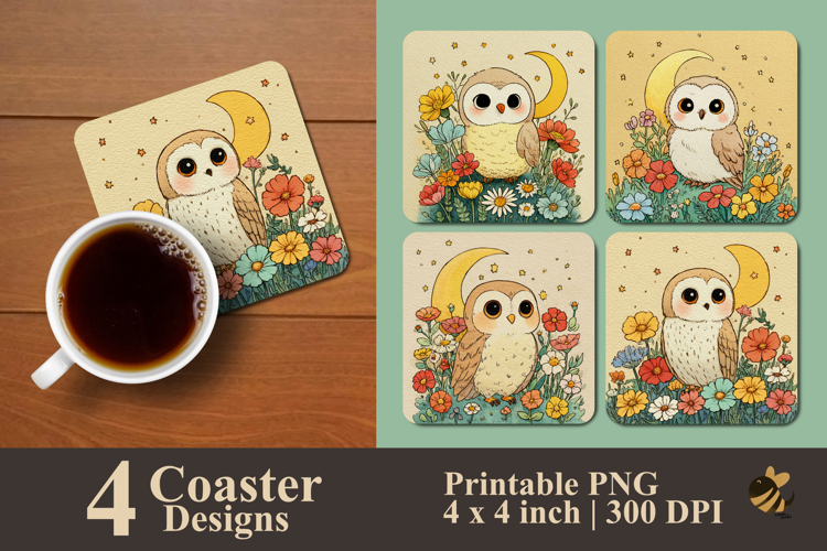 Handdrawn Owl And Flower Coaster Sublimation Design