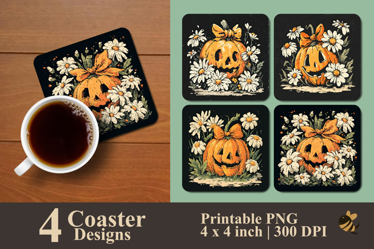 Spooky Pumpkin With Flower Coaster Sublimation Design