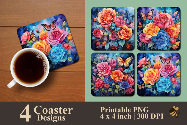 Colorful Butterflies And Roses Coaster Sublimation Designs example image 1