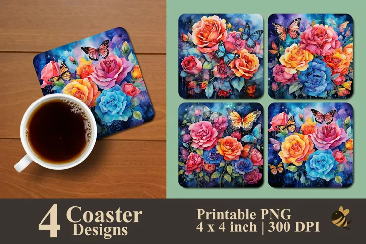 Colorful Butterflies And Roses Coaster Sublimation Designs