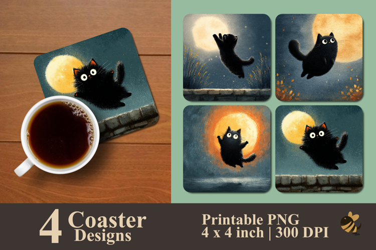 Chubby Black Kitten Jumping Coaster Sublimation Design