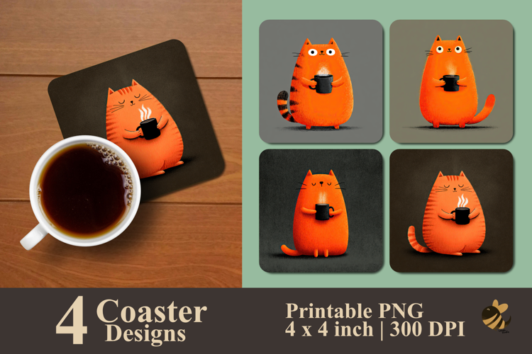 Chubby Orange Cat With Coffee Coaster Sublimation Design