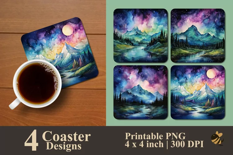 Mountain And Aurora Coaster Sublimation Designs