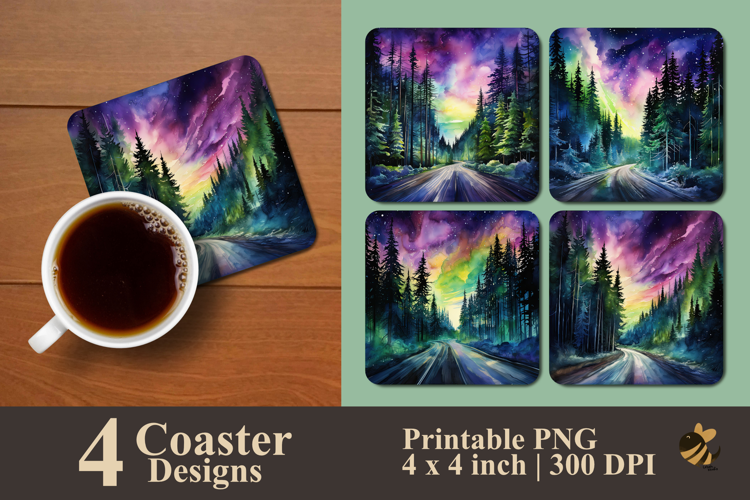 Aurora Night Drive Coaster Sublimation Design
