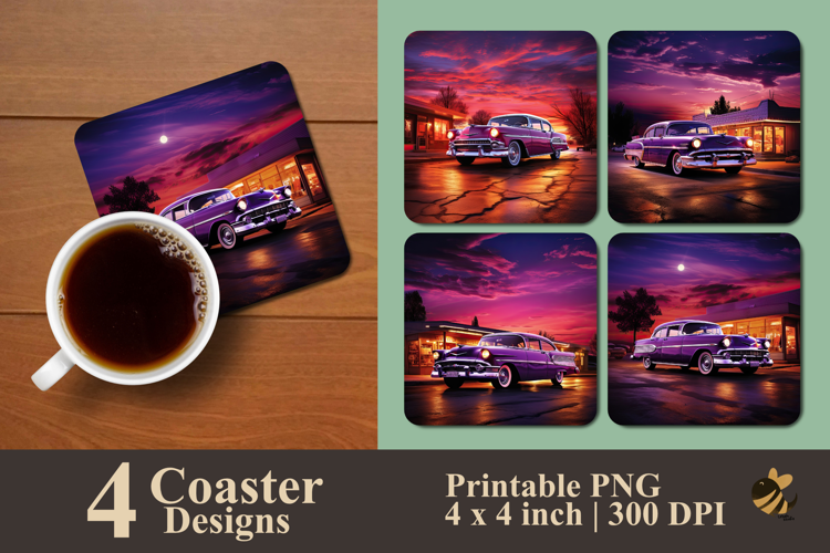 Old Car And Motel Coaster Sublimation Design