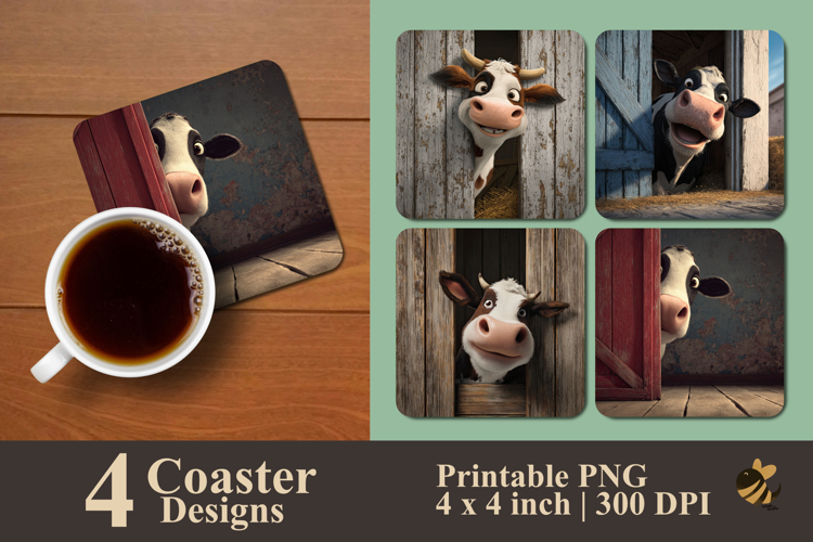 Happy Cow Peeking Coaster Sublimation Design