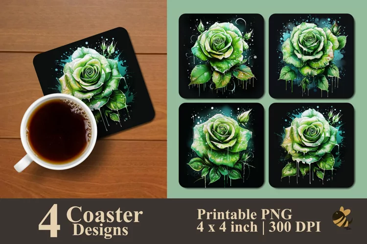 Green Romantika Rose Coaster Sublimation Designs