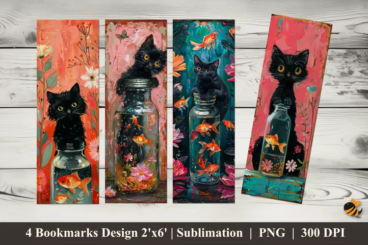 Sticking Black Cats Bookmarks Sublimation Design