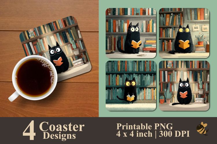 Cute Cat Reading Coaster Sublimation Design