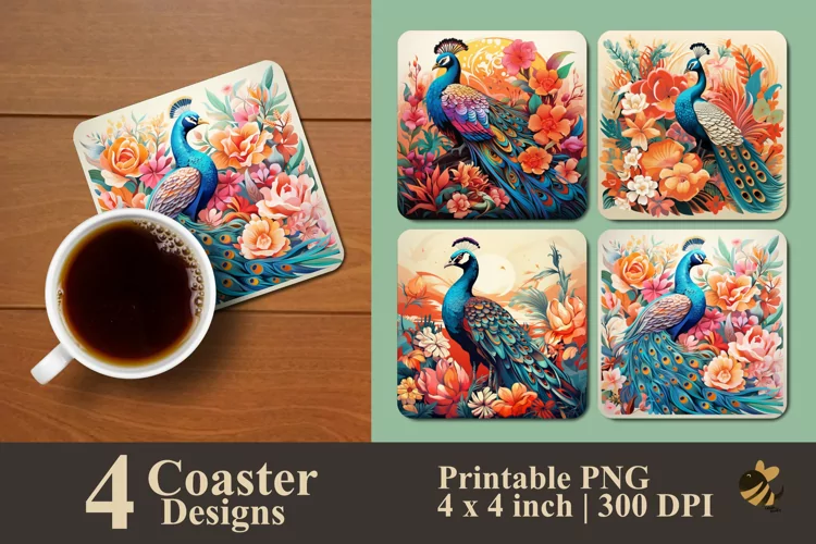 Flower Peacock Coaster Sublimation Designs