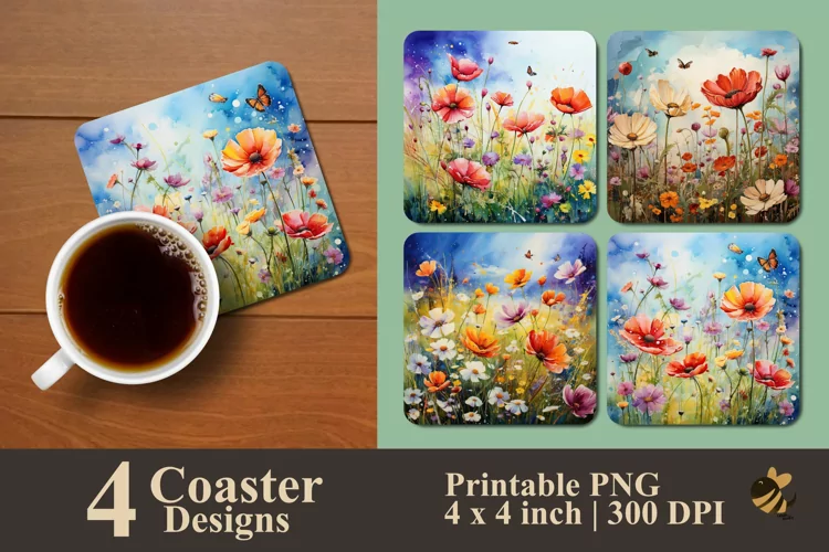 Watercolor Wild Flower Coaster Sublimation Designs