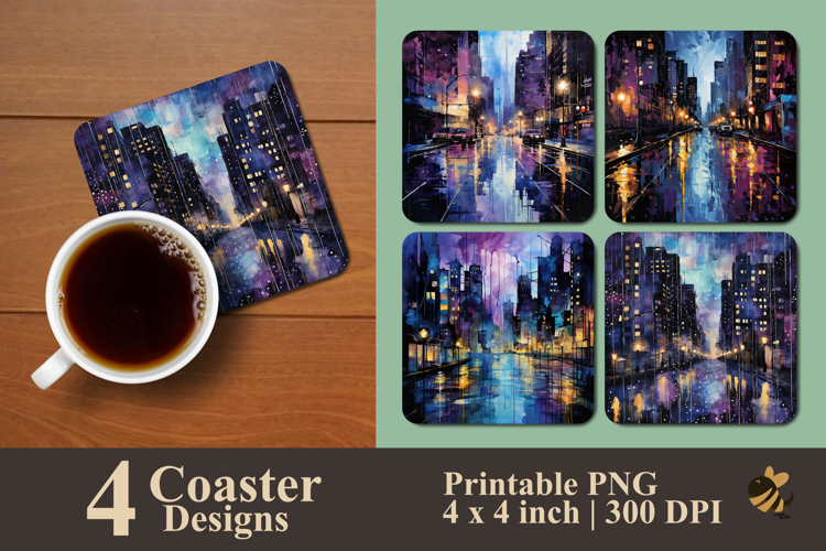 Midnight Rainy City Coaster Sublimation Design