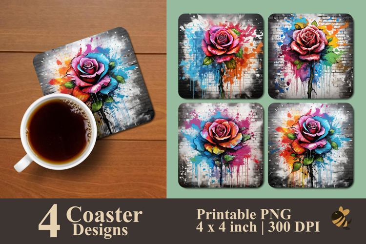 Rose With Colorful Ink Splash Coaster Sublimation Design