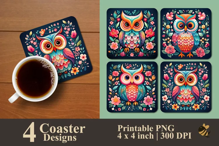 Colorful Owl And Floral Coaster Sublimation Designs