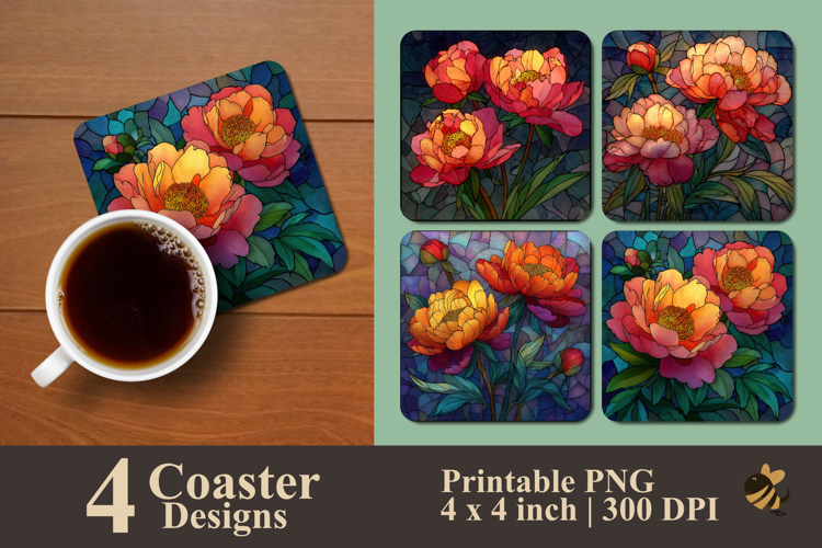 Peonies Stained Glass Coaster Sublimation Design