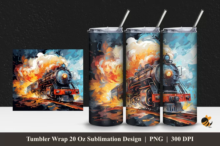 Burning Locomotive Tumbler Wrap Sublimation Design 1