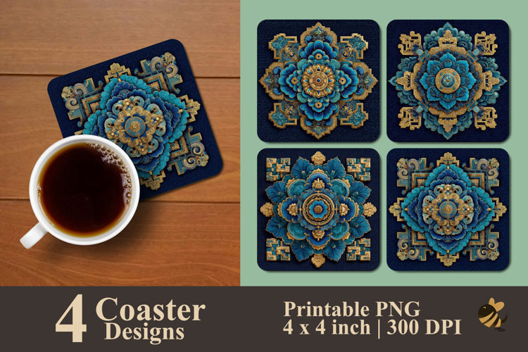 Golden Sapphire Mandala Coaster Sublimation Design