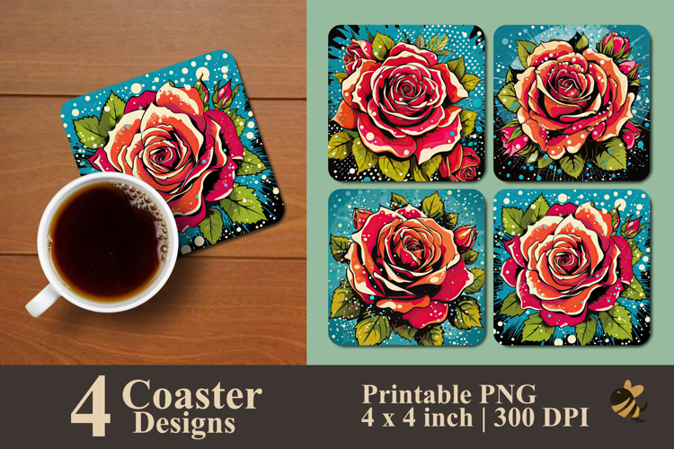Retro Pop Art Rose Burst Coaster Sublimation Design