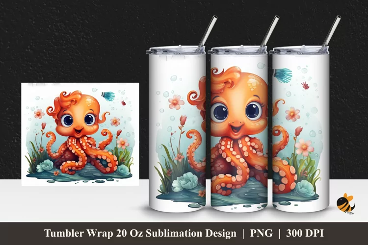 Octopus Watercolor Tumbler Wrap Sublimation Design 1