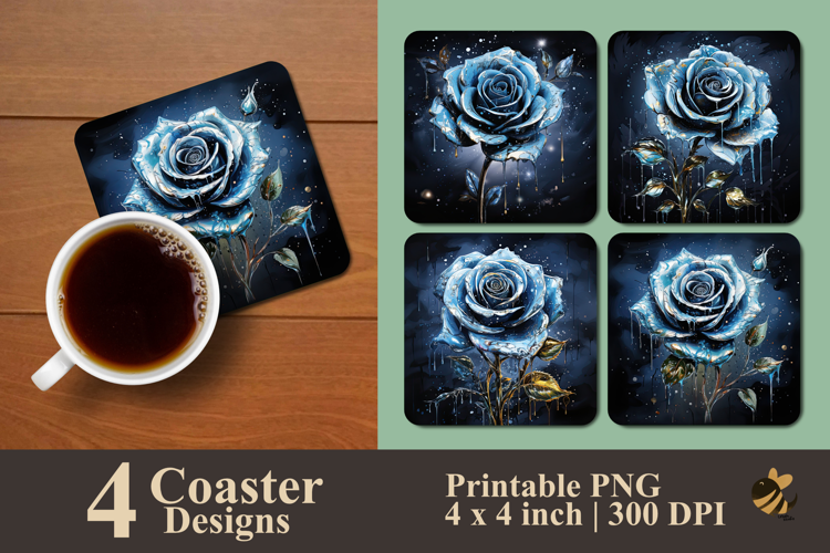 Midnight Dripping Blue Rose Coaster Sublimation Design