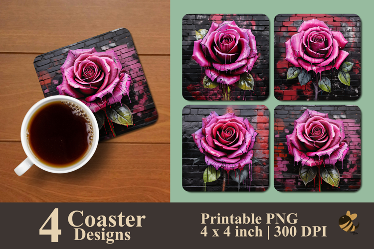 Street Art Hot Pink Rose Coaster Sublimation Design