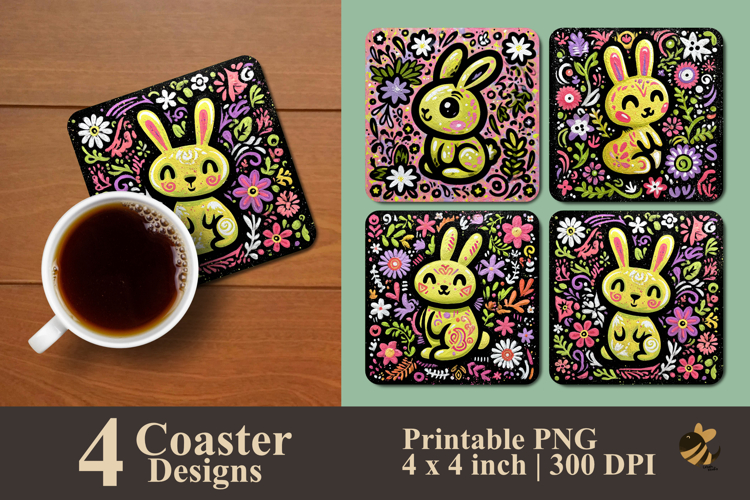 Cute Bunny Garden Flowers Coaster Sublimation Design