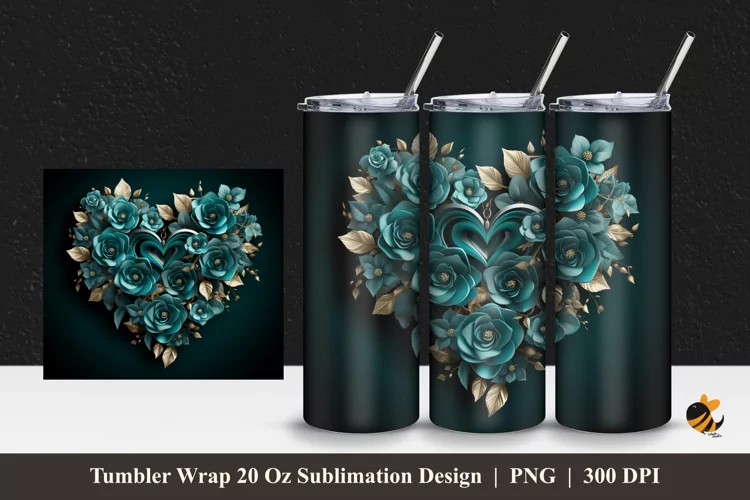 Teal Rose Tumbler Wrap Sublimation Design 1