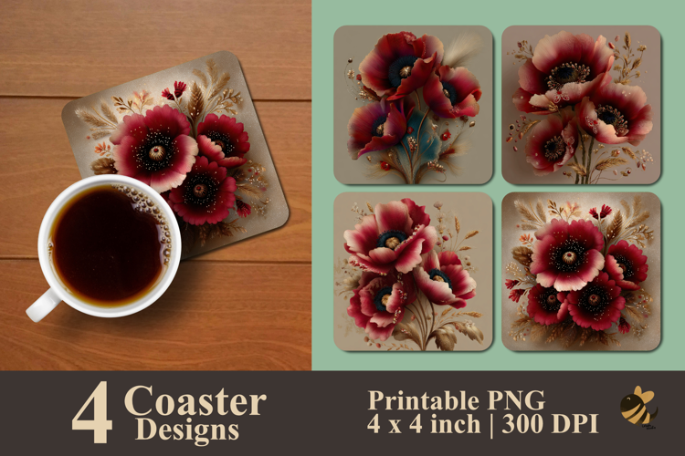 Poppy Flower Bouquet Coaster Sublimation Design