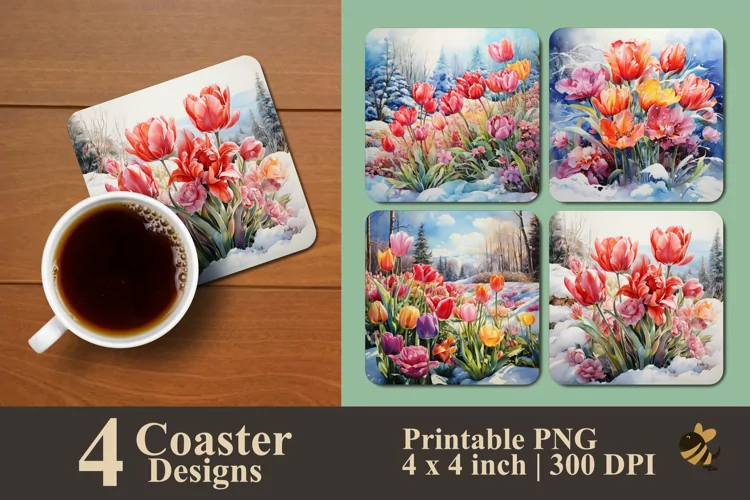 Winter Wild Tulips Coaster Sublimation Designs