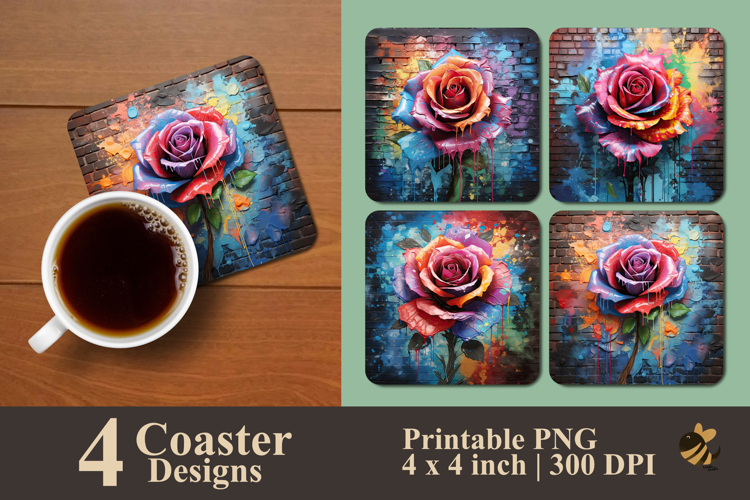 Colorful Graffiti Rose And Wall Coaster Sublimation Design