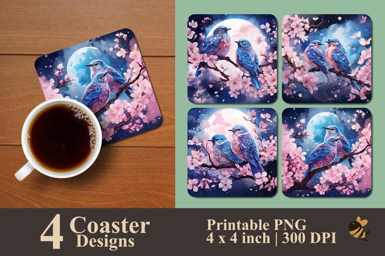 Bird And Flower At Night Coaster Sublimation Designs example image 1