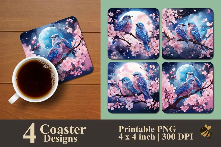 Bird And Flower At Night Coaster Sublimation Designs