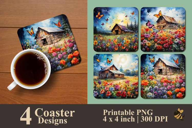 Butterflies In Rustic Barn Coaster Sublimation Design