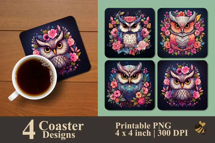 Flower And Owl Coaster Sublimation Designs